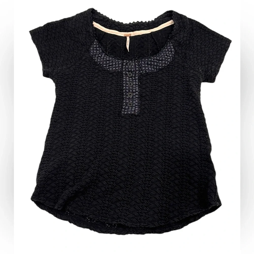 Free People Women's Henley Knit Short Sleeve Top in Black
